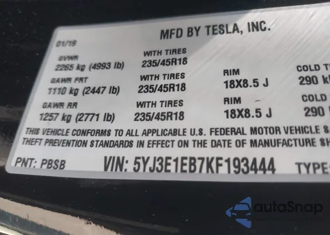 2019 Tesla Model 3 Long Range/Performance из США, поврежденный, VIN 5YJ3E1EB7KF193444